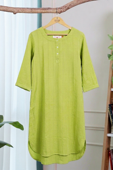 Leaf Green Dyed Cotton Double Cloth Women Long Kurta