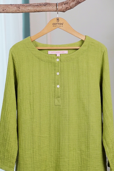 Leaf Green Dyed Cotton Double Cloth Women Long Kurta
