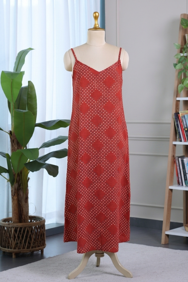 Rust Ajrakh Cotton Slub Women Maxi Dress