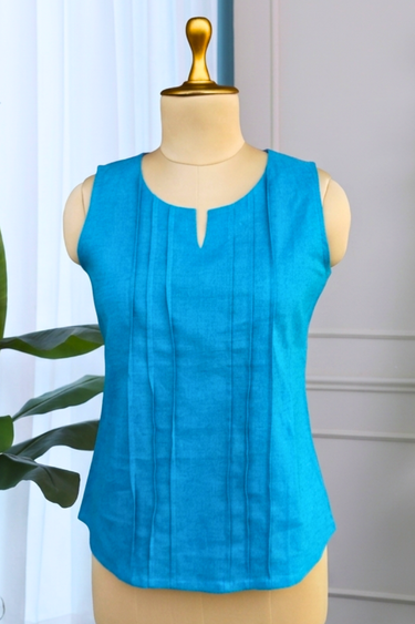 Teal Blue Dyed Classic Cotton Linen Women Short Top