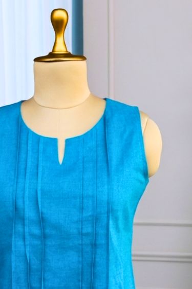 Teal Blue Dyed Classic Cotton Linen Women Short Top