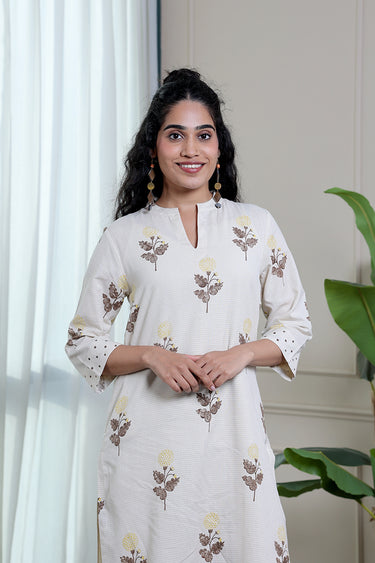 Yellow Brown Sanganeri Fine Cotton Flax Women Long Kurta