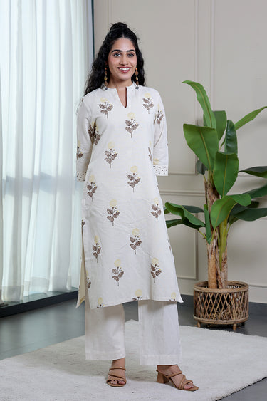 Yellow Brown Sanganeri Fine Cotton Flax Women Long Kurta