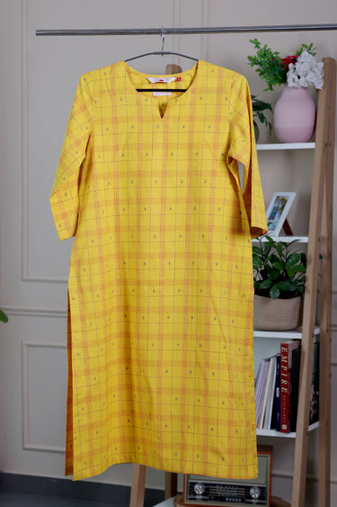 Yellow Checks Dobby South Cotton Women Long Kurta