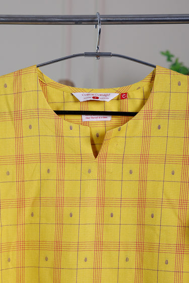 Yellow Checks Dobby South Cotton Women Long Kurta