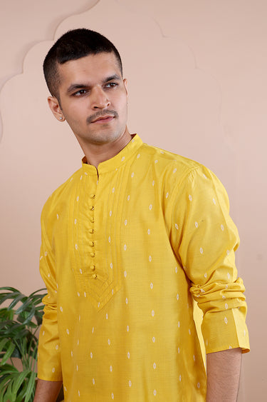 Yellow Dobby Art Silk Men Long Kurta Full Sleeves MLKFS09244