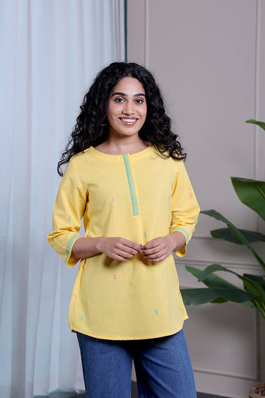 Yellow Dobby South Cotton Women Kurti