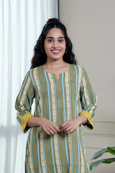 Yellow Green Sanganeri Cotton Malmal Women Long Kurta