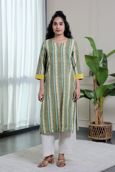 Yellow Green Sanganeri Cotton Malmal Women Long Kurta