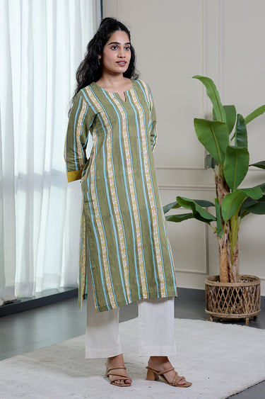 Yellow Green Sanganeri Cotton Malmal Women Long Kurta
