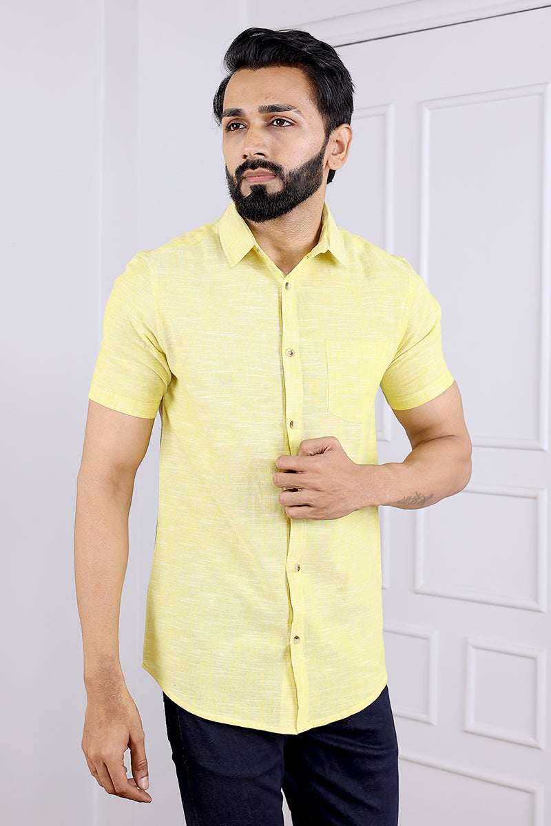 Yellow Hand Dyed South Cotton Men Shirt Half Sleeves MSHHS03236