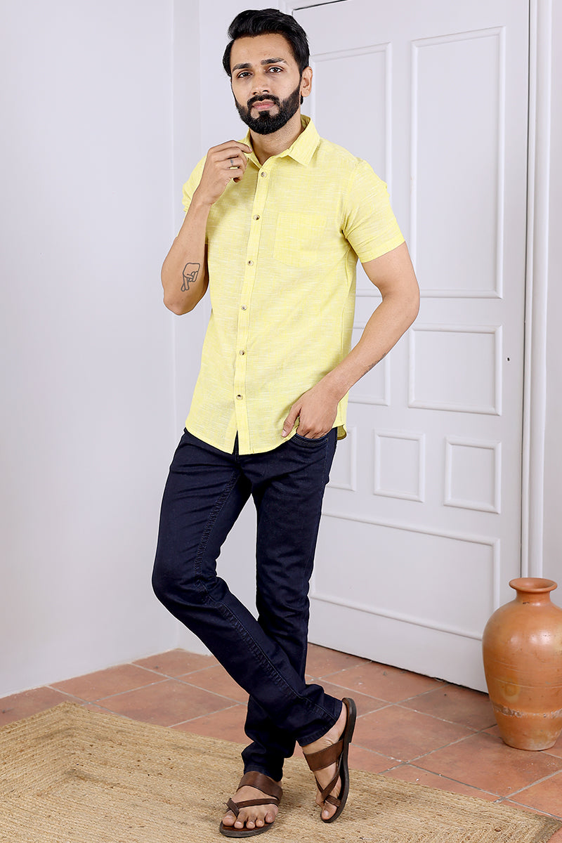 Yellow Hand Dyed South Cotton Men Shirt Half Sleeves MSHHS03236