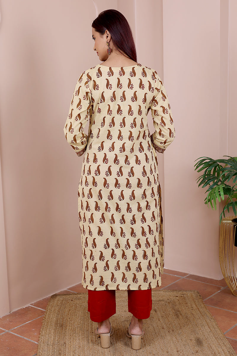 Beige Bagru Cotton Dobby Women Long Kurta Long Sleeves (WLKLS05237) - Cotton Cottage (4)