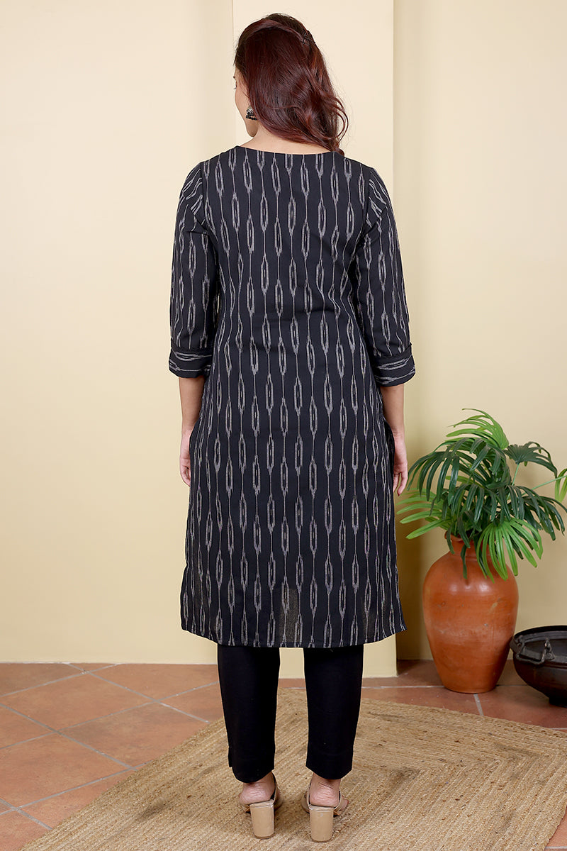 Black Single Ikkat 40 Cotton Women Medium Kurta Long Sleeves (WMKLS04235) - Cotton Cottage (4)