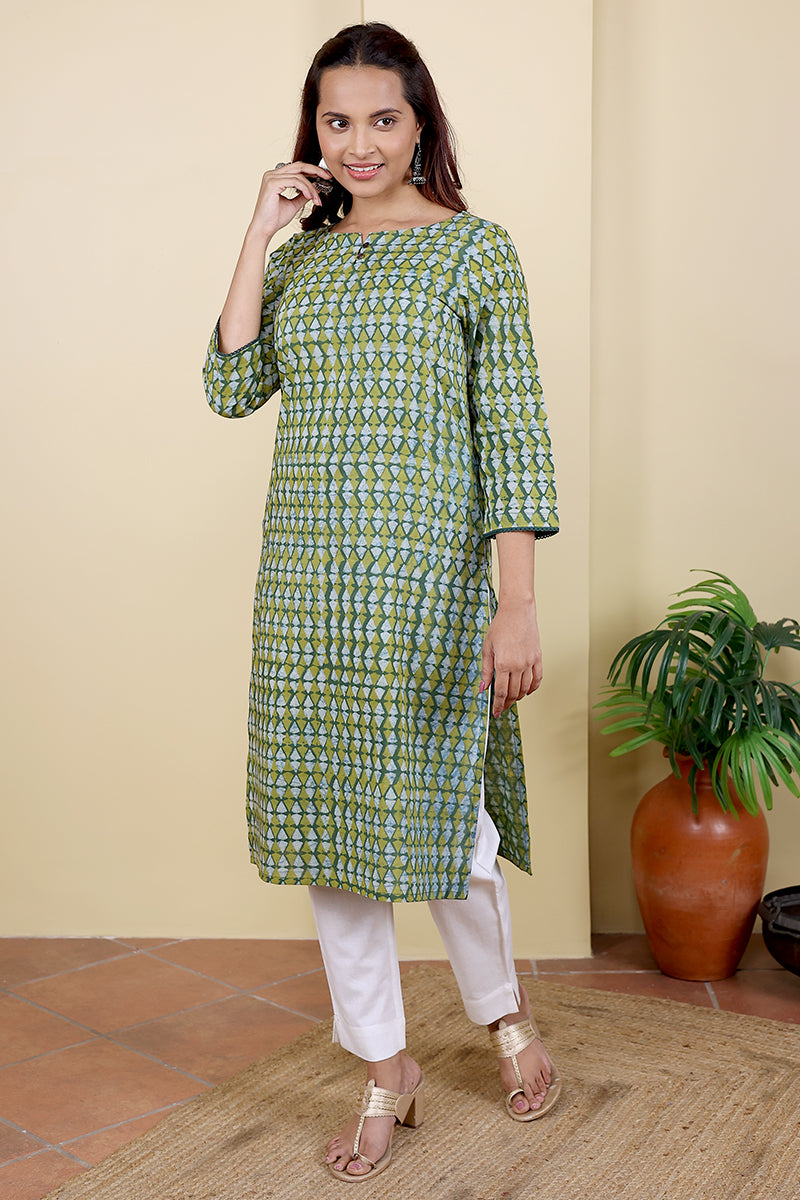 Green Dhabu Cotton Women Medium Kurta Long Sleeves (WMKLS052318) - Cotton Cottage (3)