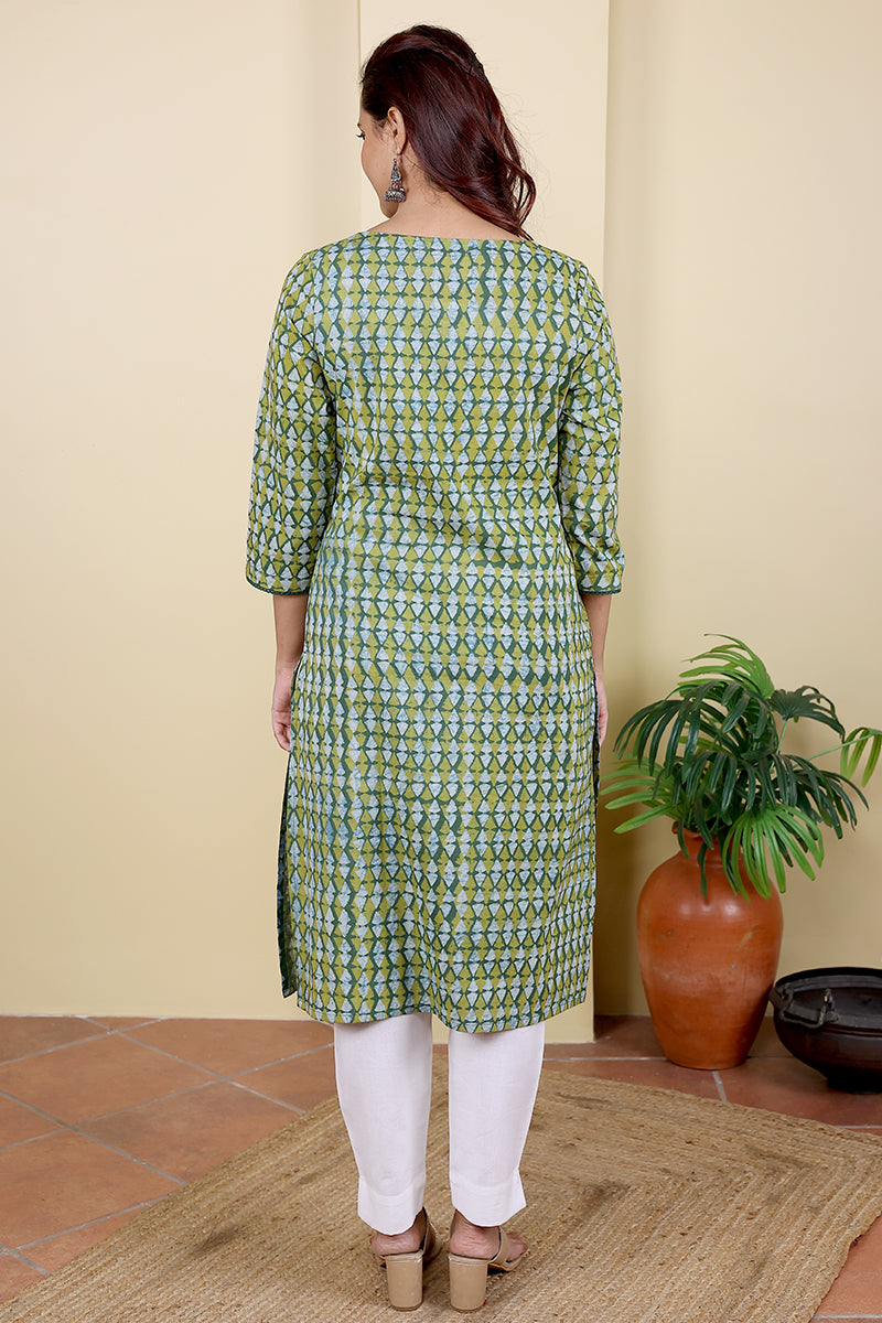 Green Dhabu Cotton Women Medium Kurta Long Sleeves (WMKLS052318) - Cotton Cottage (4)