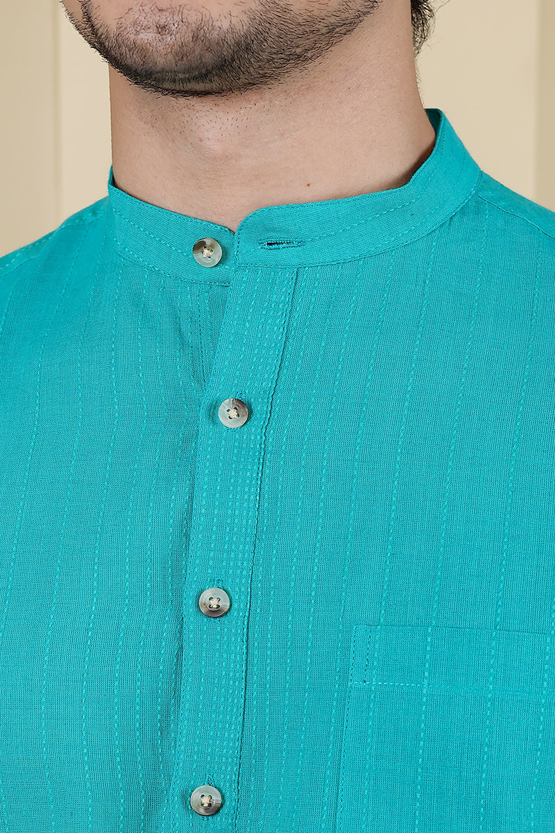 Green Dobby South Cotton Men Short Kurta Full Sleeves - (MSKFS05235) - Cotton Cottage (7)