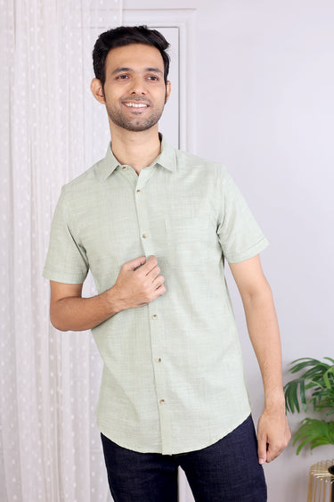 Green Hand Dyed Amber Cotton Men Shirt Half Sleeves (MSHHS (3)