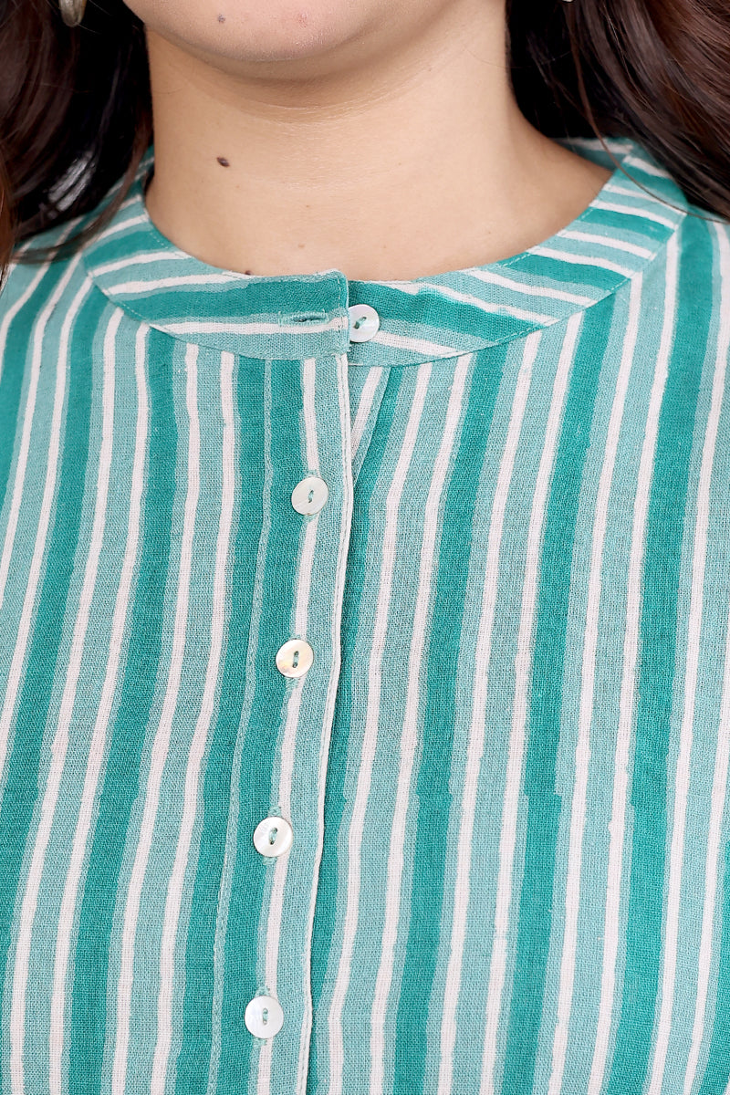Green Sanganeri Cotton Linen Women Kurti Long Sleeves (WKILS062319) - Cotton Cottage (7)