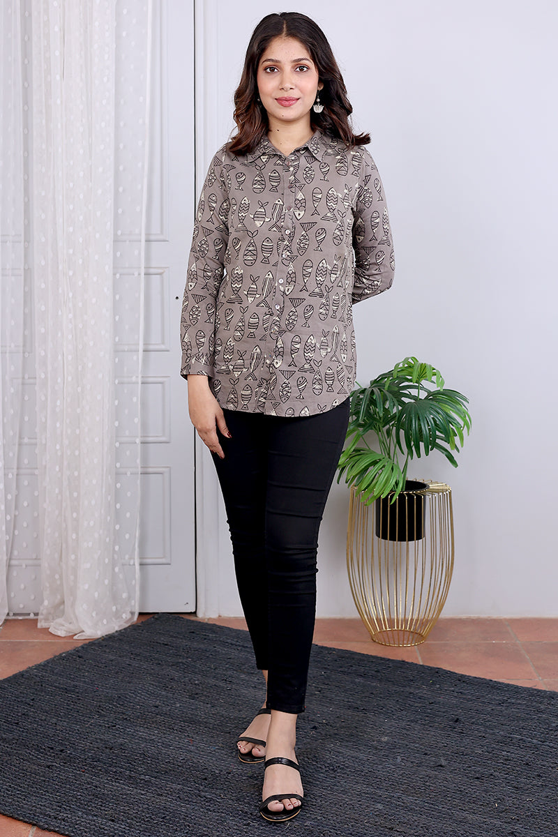 Grey Ajrakh Cotton Satin Women Shirt Long Sleeves (WSHLS06231) - Cotton Cottage (5)