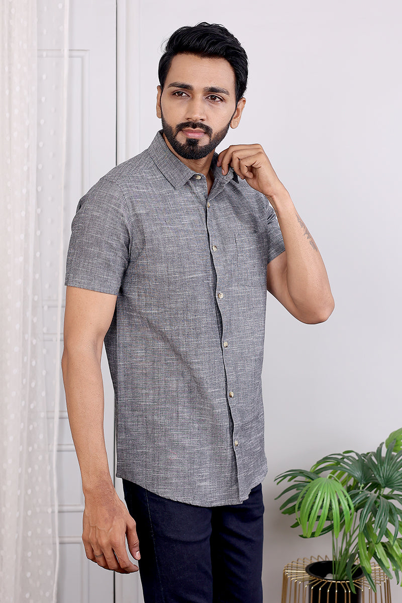 Grey Hand Dyed Amber Cotton Men Shirt Half Sleeves (MSHHS052320) - Cotton Cottage (2)