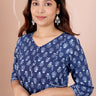 Indigo Dhabu Cotton Malmal Women Ankle Kurta Long Sleeves (WAKLS08238) - Cotton Cottage (1)