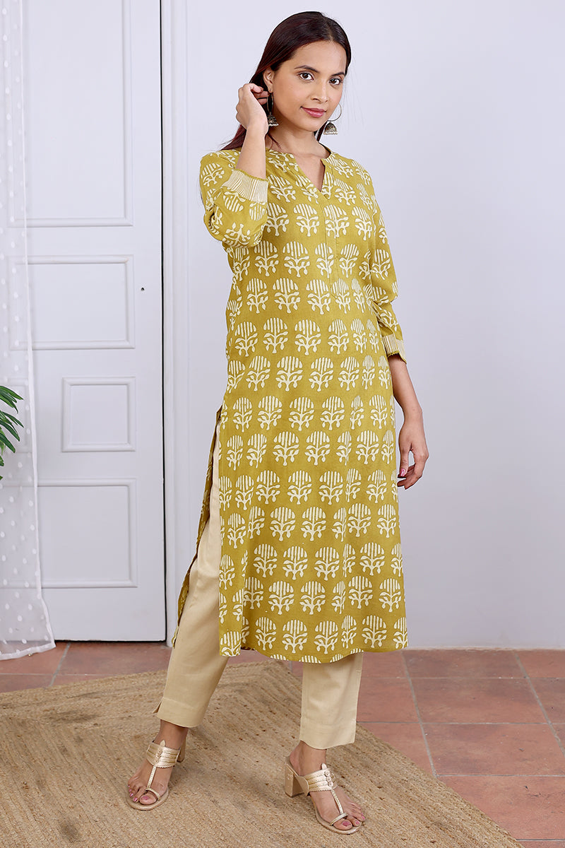 Mustard Dhabu Cotton Viscose Women Long Kurta Long Sleeves (WLKLS052352) - Cotton Cottage (2)