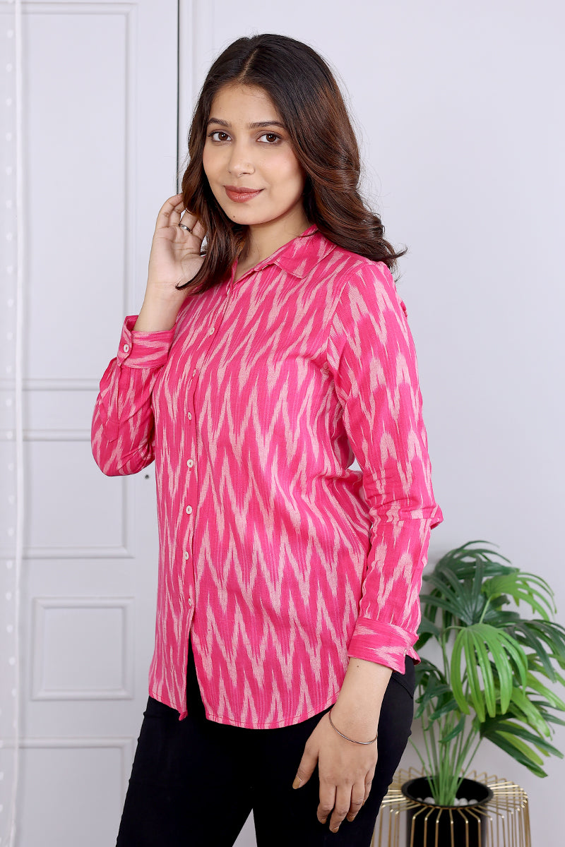 Pink Single Ikkat 40 Cotton Women Shirt Long Sleeves WSHLS03238 (3)