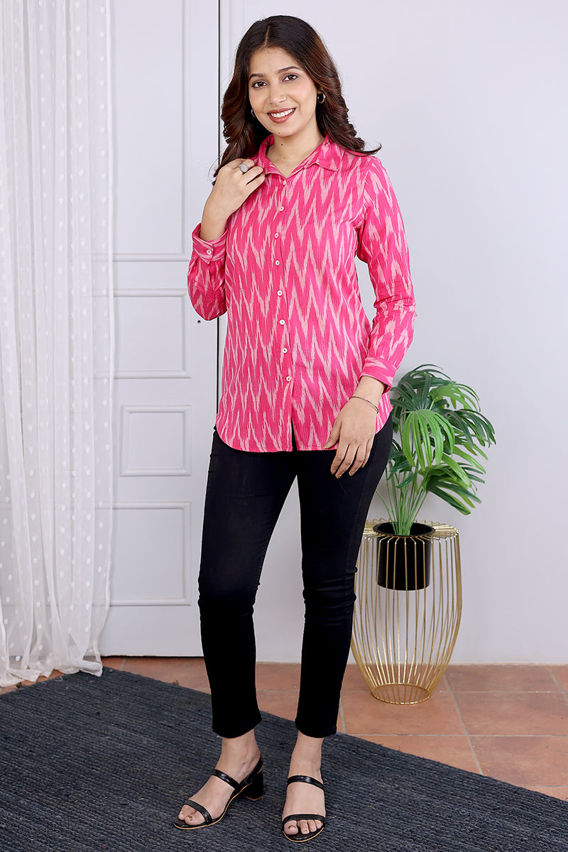 Pink Single Ikkat 40 Cotton Women Shirt Long Sleeves WSHLS03238 (5)