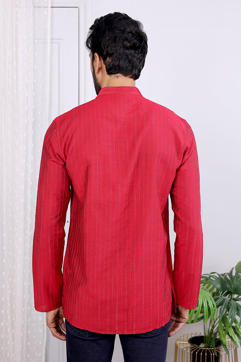 Red Hand Dyed Art Silk Men Short Kurta Full Sleeves (MSK052322) - Cotton Cottage (4)