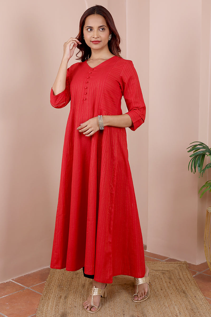 Red Hand Dyed South Cotton Women Ankle Kurta Long Sleeves (WAKLS05237) - Cotton Cottage (3)