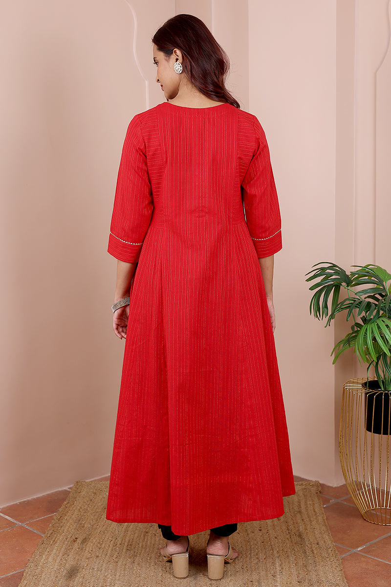 Red Hand Dyed South Cotton Women Ankle Kurta Long Sleeves (WAKLS05237) - Cotton Cottage (4)