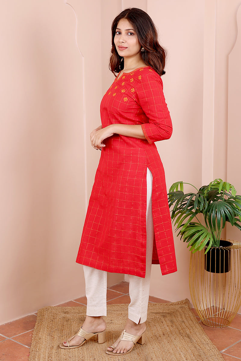 Red Hand Embroidery South Cotton Women Long Kurta Long Sleeves (WLKLS0823138) - Cotton Cottage (3)