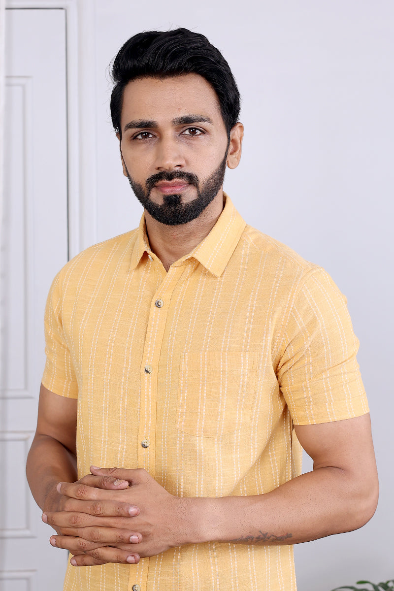 Yellow Dobby South Cotton Men Shirt Half Sleeves (MSHHS082318) - Cotton Cottage (1)