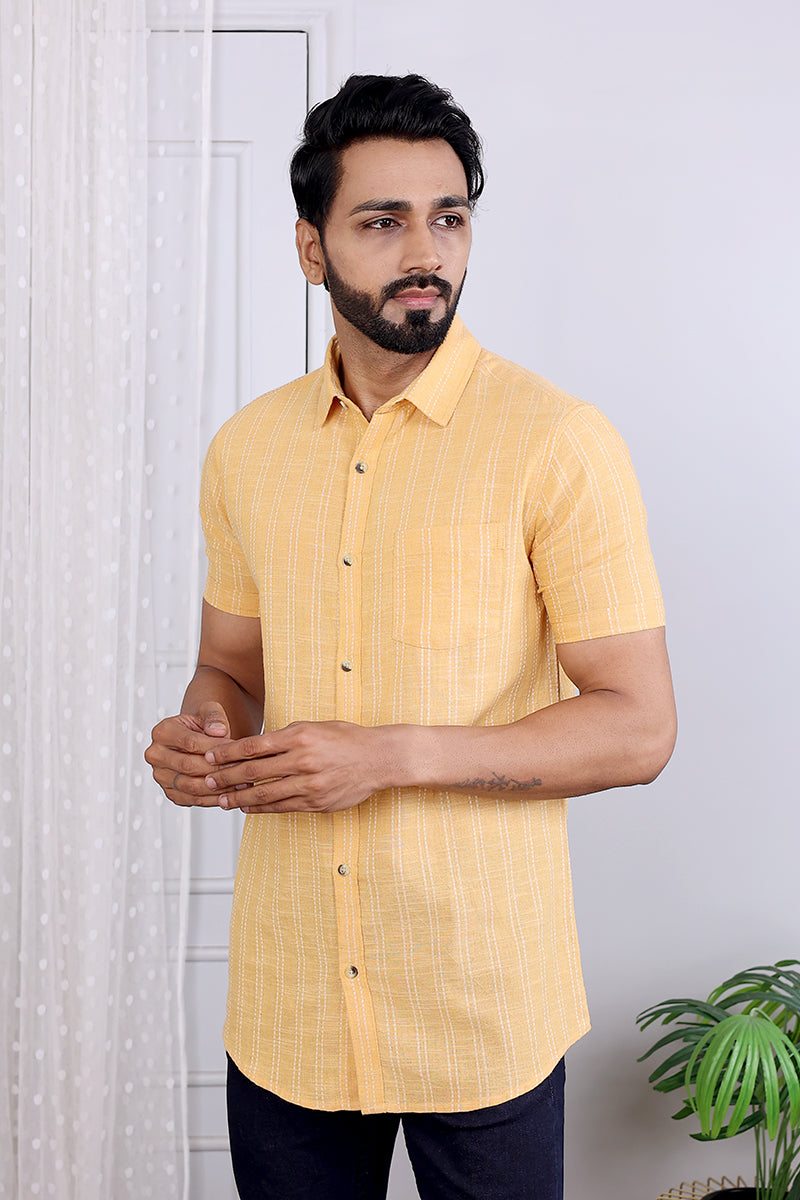 Yellow Dobby South Cotton Men Shirt Half Sleeves (MSHHS082318) - Cotton Cottage (3)