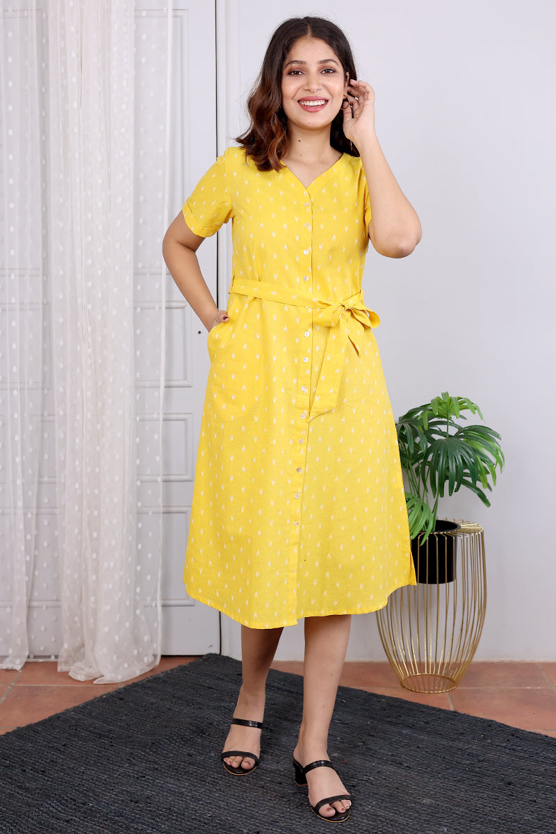 Yellow Dobby South Cotton Women Midi Dress Long Sleeves (WDRSL052312) - Cotton Cottage (2)