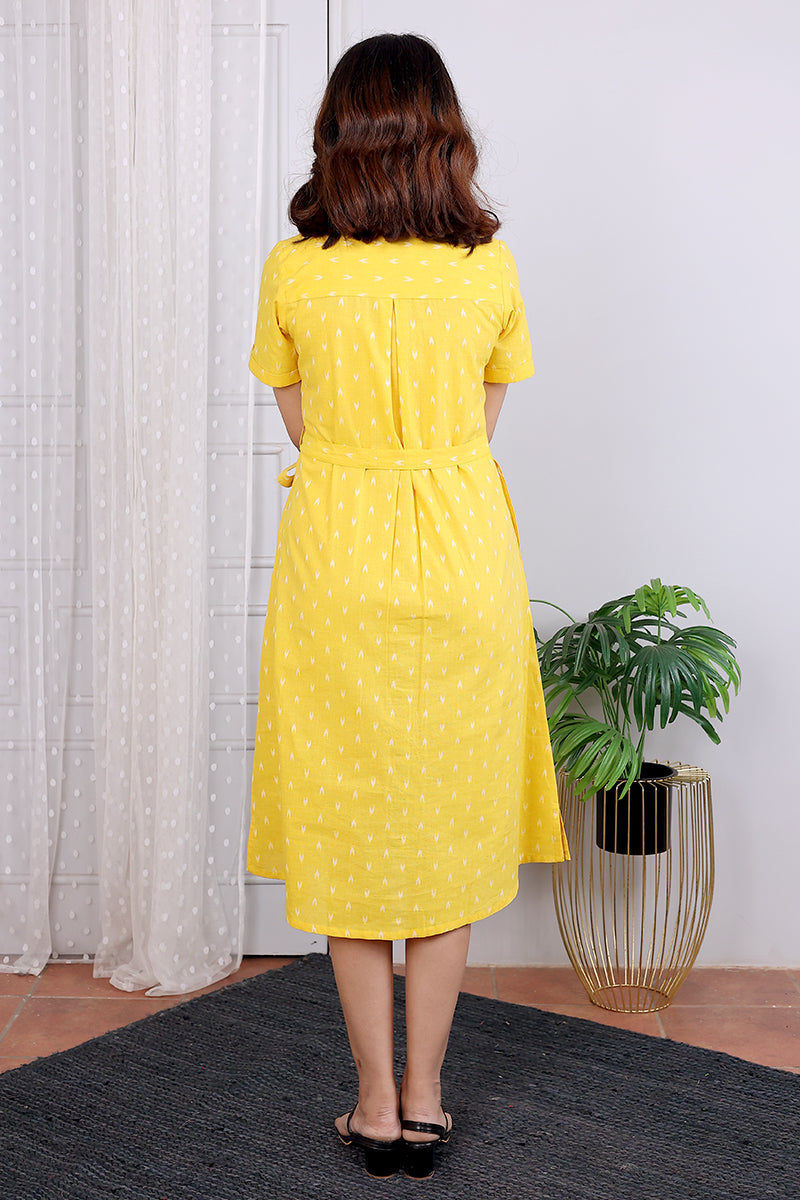 Yellow Dobby South Cotton Women Midi Dress Long Sleeves (WDRSL052312) - Cotton Cottage (4)